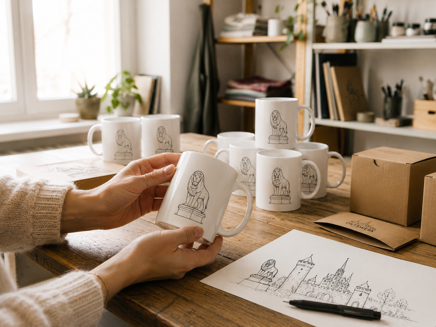 Hände halten eine weiße Ortswerk-Tasse mit Löwen-Liniengraphik, auf dem Tisch weitere Tassen, Kraftkarton und Originalzeichnung