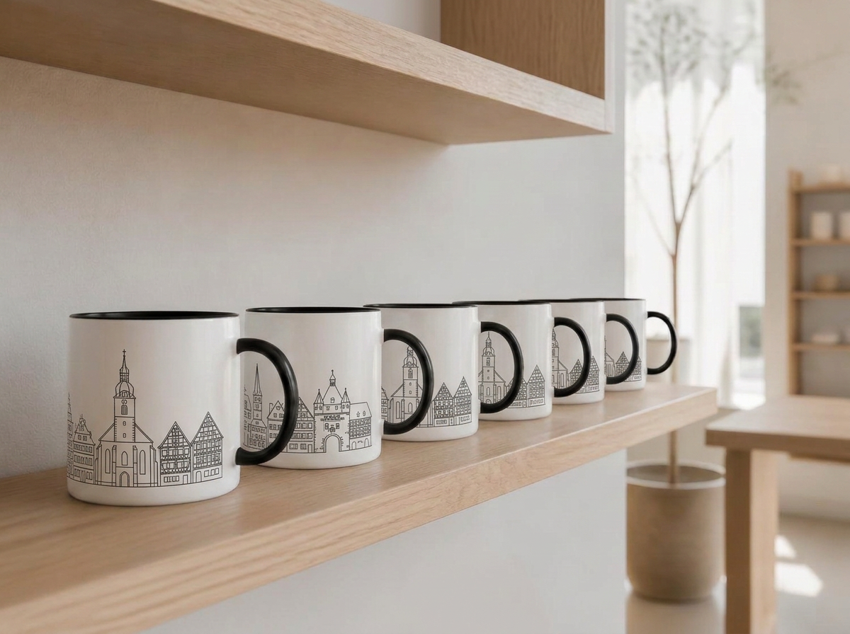 Weiße Ortswerk-Tassen im Regal eines Concept Stores